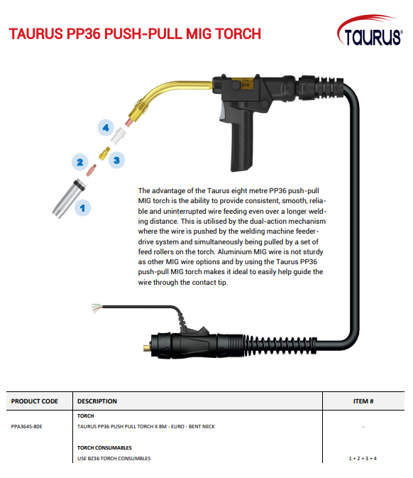 Taurus PP36 Push Pull Torch 8m Euro Connection with bent neck for MIG welding