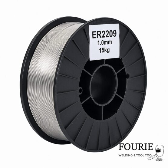ER2209 1.0mm stainless steel MIG welding wire spool – 15kg, corrosion-resistant duplex filler metal on black plastic reel, Fourie Welding & Tool branding.