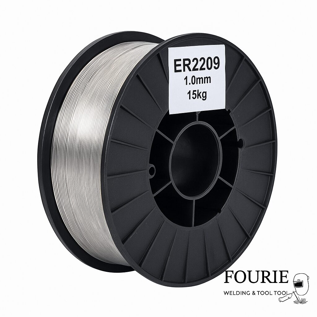 ER2209 1.0mm stainless steel MIG welding wire spool – 15kg, corrosion-resistant duplex filler metal on black plastic reel, Fourie Welding & Tool branding.