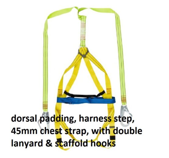 PIONEER padded safety harness with dorsal padding, double lanyard, and scaffold hooks